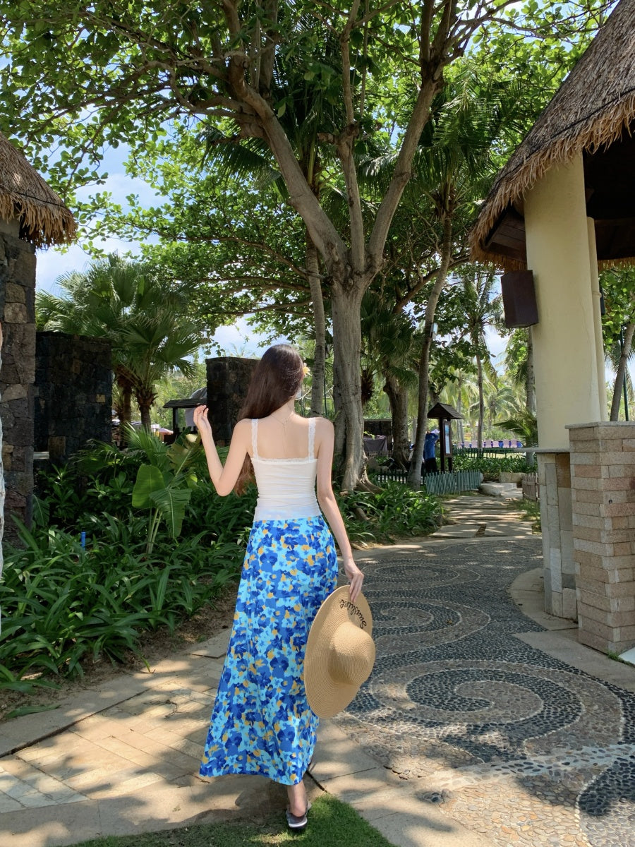 Cute Spaghetti Strap A-Line 2-Piece Set Maxi Dress Casual White Top Blue Floral Print Skirt Vacation Outfit Long Dress AP3367