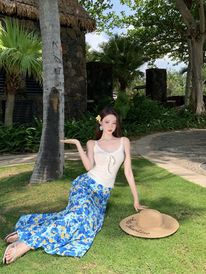 Cute Spaghetti Strap A-Line 2-Piece Set Maxi Dress Casual White Top Blue Floral Print Skirt Vacation Outfit Long Dress AP3367