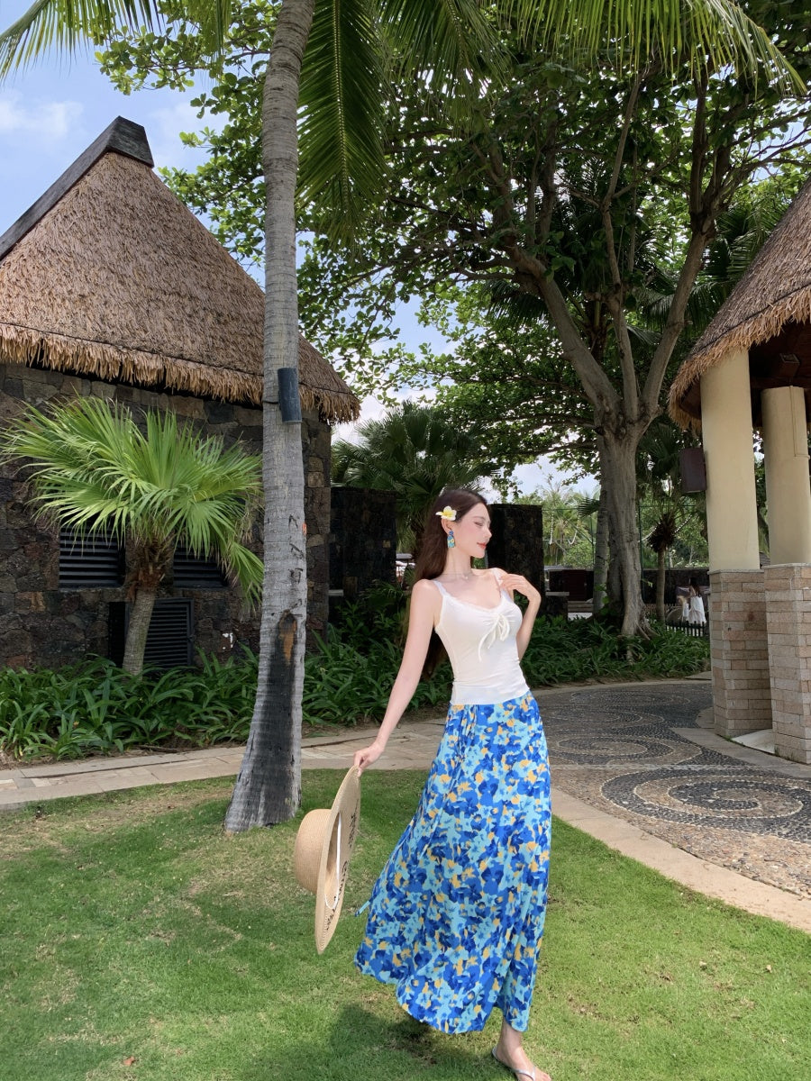 Cute Spaghetti Strap A-Line 2-Piece Set Maxi Dress Casual White Top Blue Floral Print Skirt Vacation Outfit Long Dress AP3367