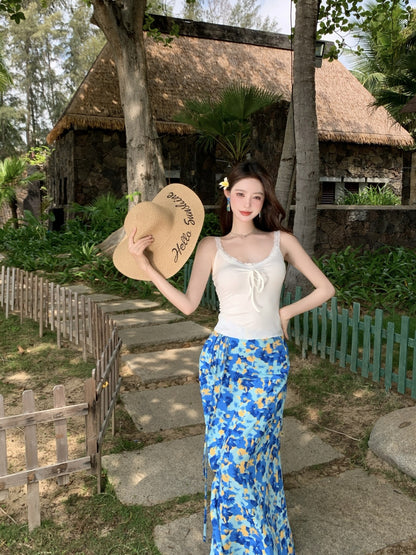 Cute Spaghetti Strap A-Line 2-Piece Set Maxi Dress Casual White Top Blue Floral Print Skirt Vacation Outfit Long Dress AP3367