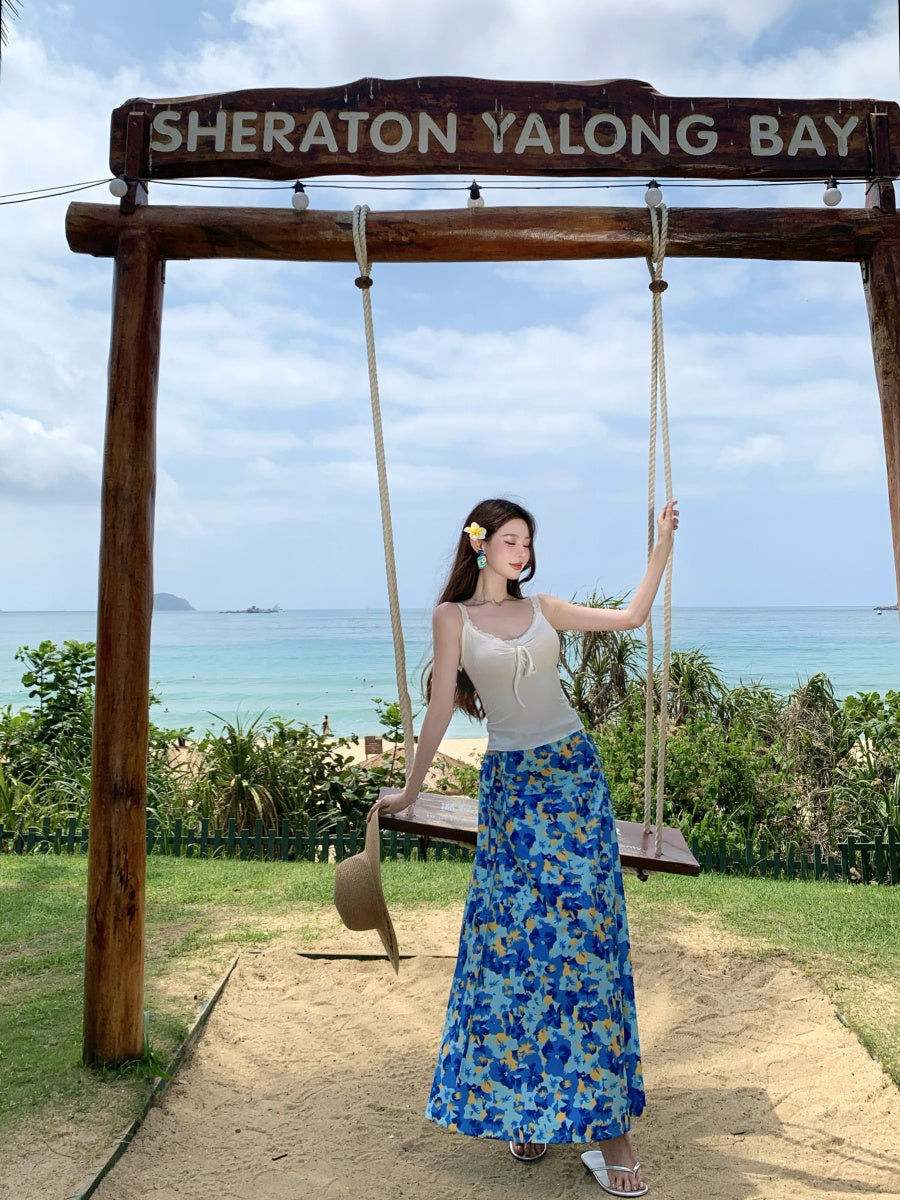 Cute Spaghetti Strap A-Line 2-Piece Set Maxi Dress Casual White Top Blue Floral Print Skirt Vacation Outfit Long Dress AP3367