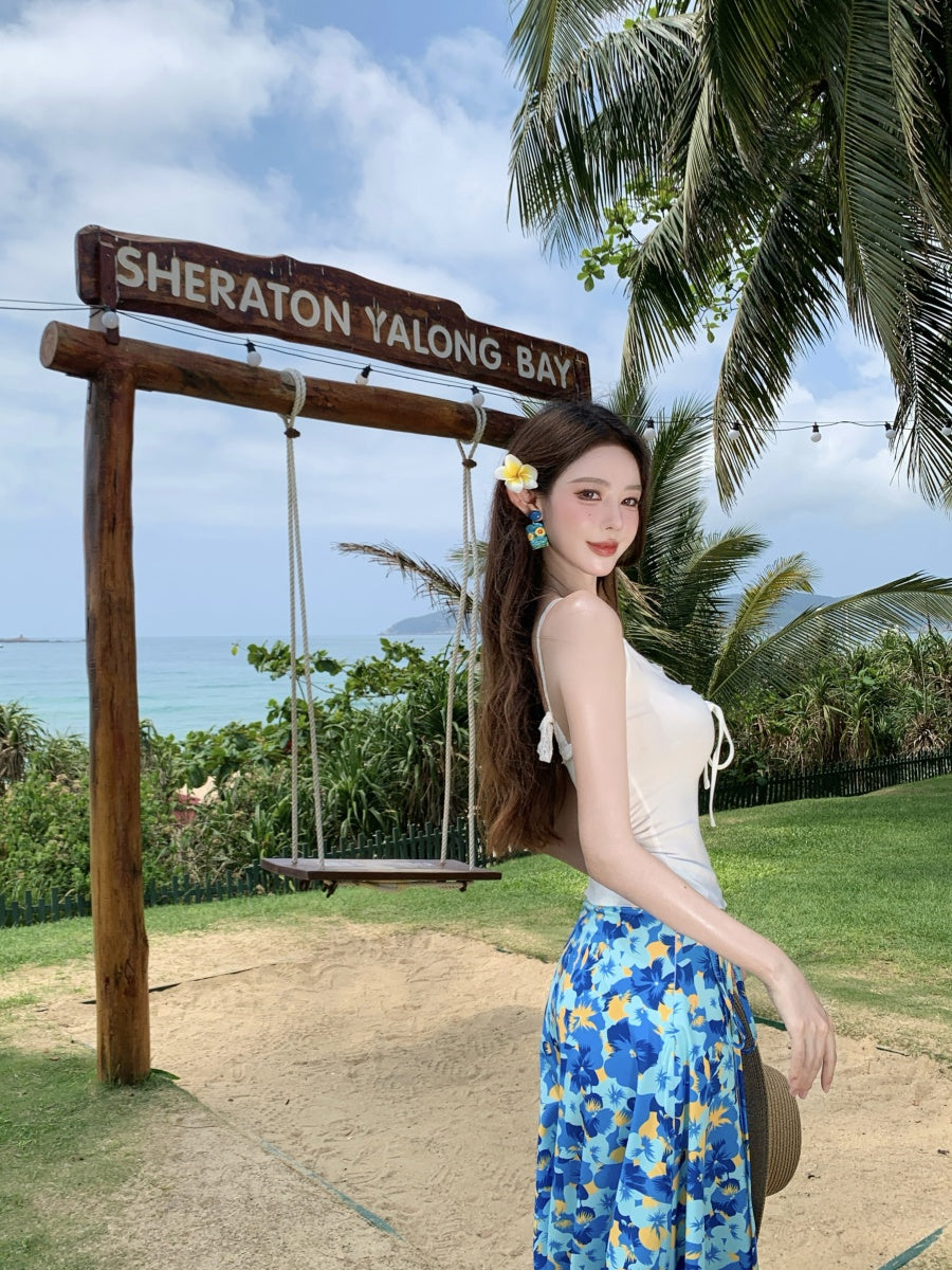 Cute Spaghetti Strap A-Line 2-Piece Set Maxi Dress Casual White Top Blue Floral Print Skirt Vacation Outfit Long Dress AP3367