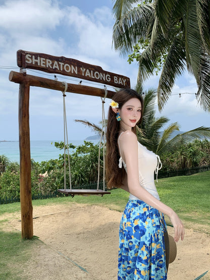 Cute Spaghetti Strap A-Line 2-Piece Set Maxi Dress Casual White Top Blue Floral Print Skirt Vacation Outfit Long Dress AP3367