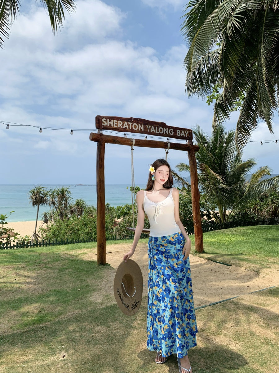 Cute Spaghetti Strap A-Line 2-Piece Set Maxi Dress Casual White Top Blue Floral Print Skirt Vacation Outfit Long Dress AP3367