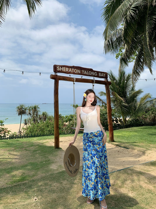 Cute Spaghetti Strap A-Line 2-Piece Set Maxi Dress Casual White Top Blue Floral Print Skirt Vacation Outfit Long Dress AP3367