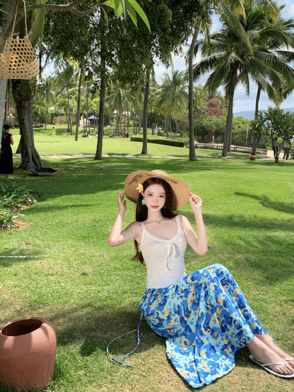 Cute Spaghetti Strap A-Line 2-Piece Set Maxi Dress Casual White Top Blue Floral Print Skirt Vacation Outfit Long Dress AP3367