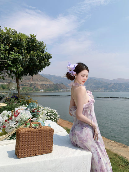 Sweet A-Line Halter Neck Handmade Flowers Maxi Dress Attractive Floral Print Backless Ruffles Long Dress AP3368