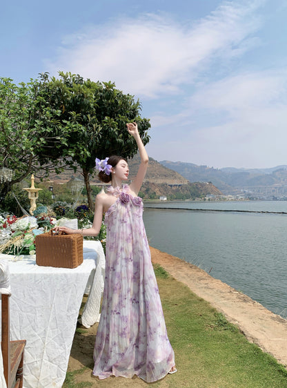 Sweet A-Line Halter Neck Handmade Flowers Maxi Dress Attractive Floral Print Backless Ruffles Long Dress AP3368