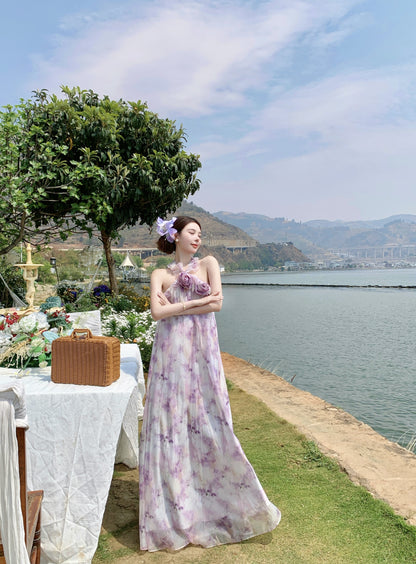 Sweet A-Line Halter Neck Handmade Flowers Maxi Dress Attractive Floral Print Backless Ruffles Long Dress AP3368