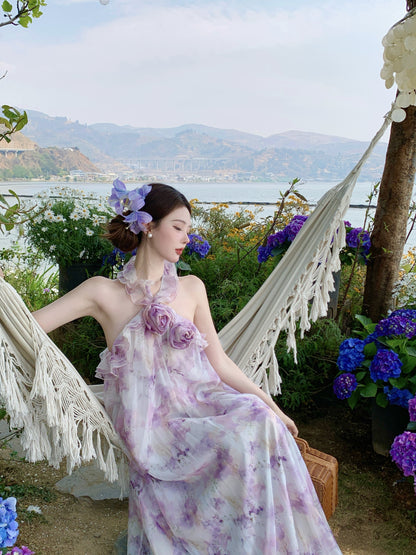 Sweet A-Line Halter Neck Handmade Flowers Maxi Dress Attractive Floral Print Backless Ruffles Long Dress AP3368