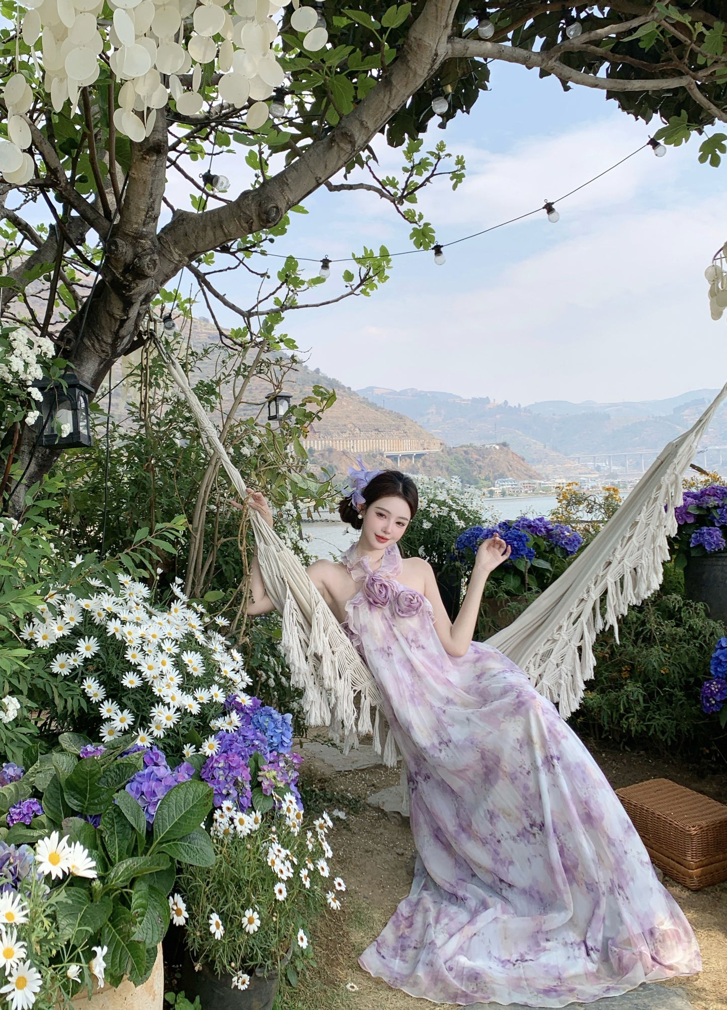 Sweet A-Line Halter Neck Handmade Flowers Maxi Dress Attractive Floral Print Backless Ruffles Long Dress AP3368