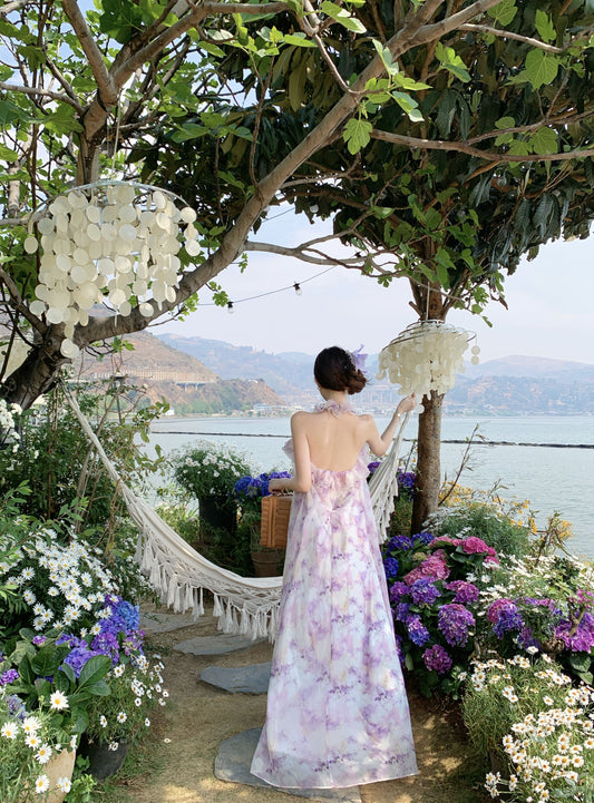 Sweet A-Line Halter Neck Handmade Flowers Maxi Dress Attractive Floral Print Backless Ruffles Long Dress AP3368