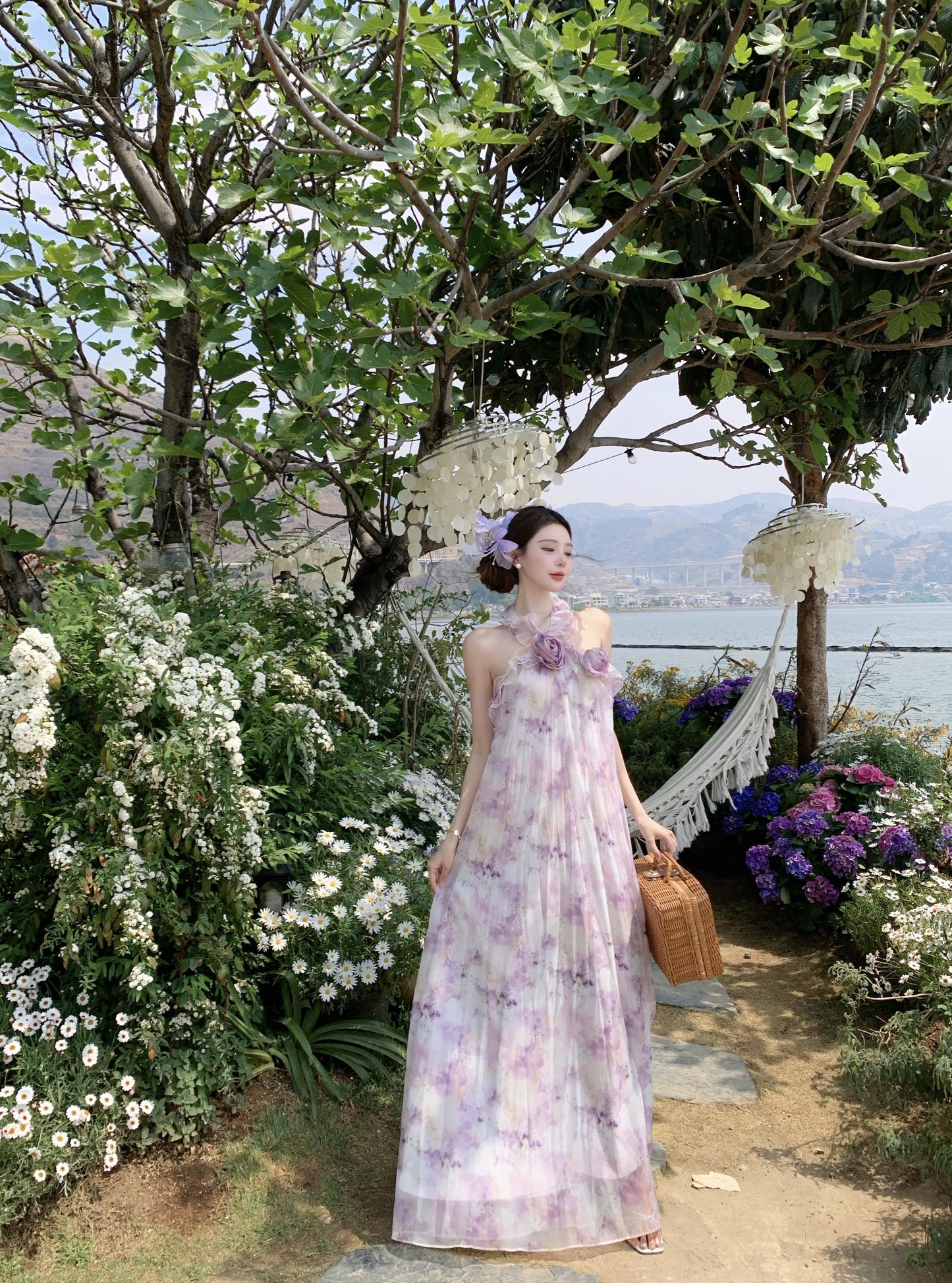 Sweet A-Line Halter Neck Handmade Flowers Maxi Dress Attractive Floral Print Backless Ruffles Long Dress AP3368