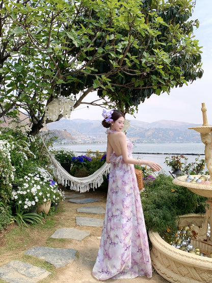 Sweet A-Line Halter Neck Handmade Flowers Maxi Dress Attractive Floral Print Backless Ruffles Long Dress AP3368