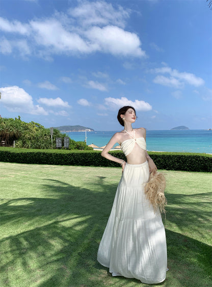 Fantastic Seaside Outfit A-Line Maxi Dress Modern Backless White Open-Waist Halter Long Dress AP3369