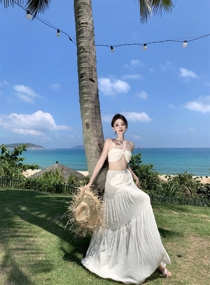 Fantastic Seaside Outfit A-Line Maxi Dress Modern Backless White Open-Waist Halter Long Dress AP3369