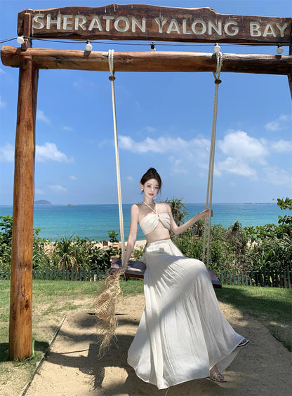 Fantastic Seaside Outfit A-Line Maxi Dress Modern Backless White Open-Waist Halter Long Dress AP3369