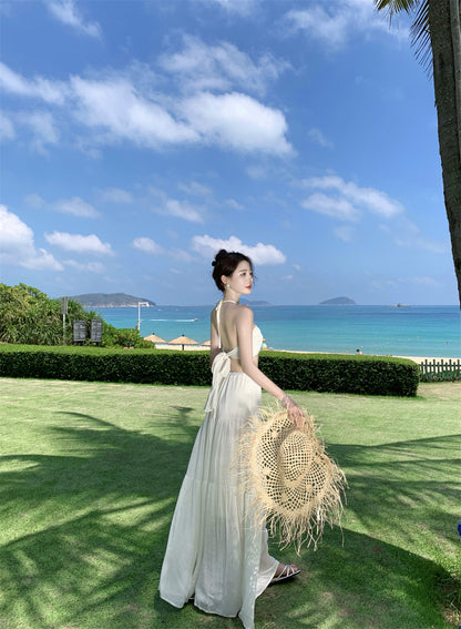 Fantastic Seaside Outfit A-Line Maxi Dress Modern Backless White Open-Waist Halter Long Dress AP3369