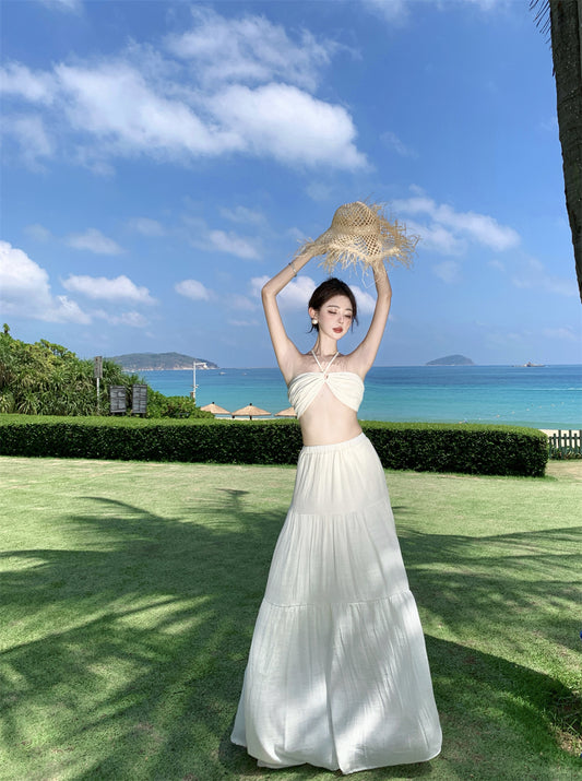 Fantastic Seaside Outfit A-Line Maxi Dress Modern Backless White Open-Waist Halter Long Dress AP3369