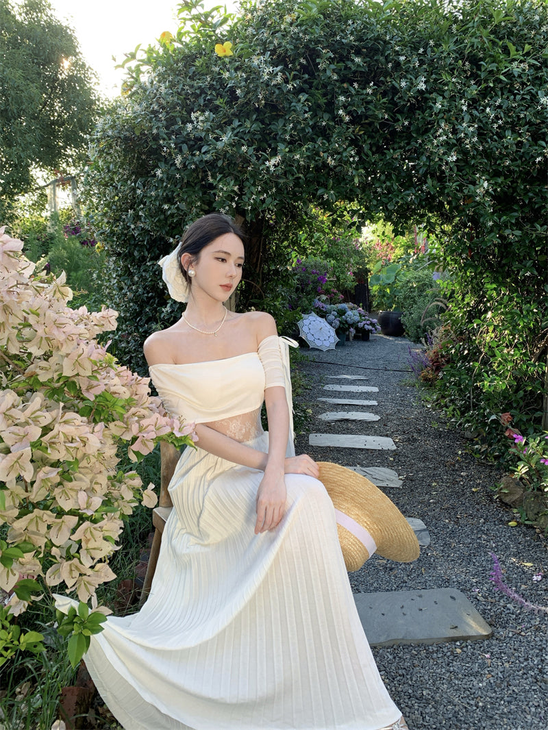 Elegant Off-Shoulder A-Line White Maxi Dresses Fancy Lace Splicing Press Pleated Hem Long Dress AP3371