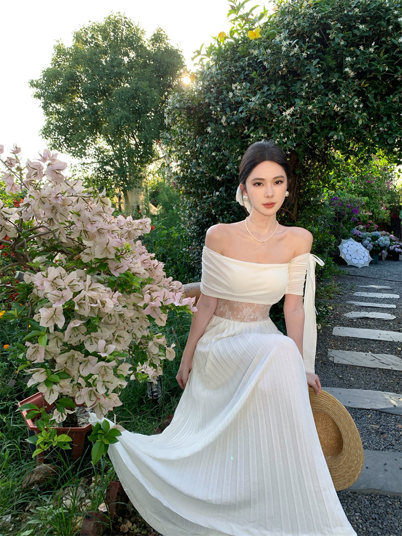 Elegant Off-Shoulder A-Line White Maxi Dresses Fancy Lace Splicing Press Pleated Hem Long Dress AP3371