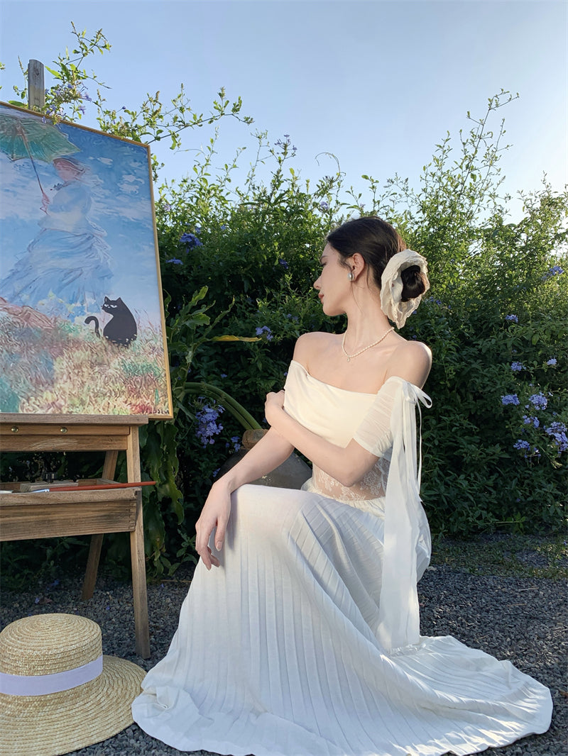 Elegant Off-Shoulder A-Line White Maxi Dresses Fancy Lace Splicing Press Pleated Hem Long Dress AP3371