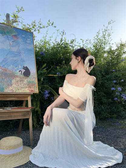 Elegant Off-Shoulder A-Line White Maxi Dresses Fancy Lace Splicing Press Pleated Hem Long Dress AP3371