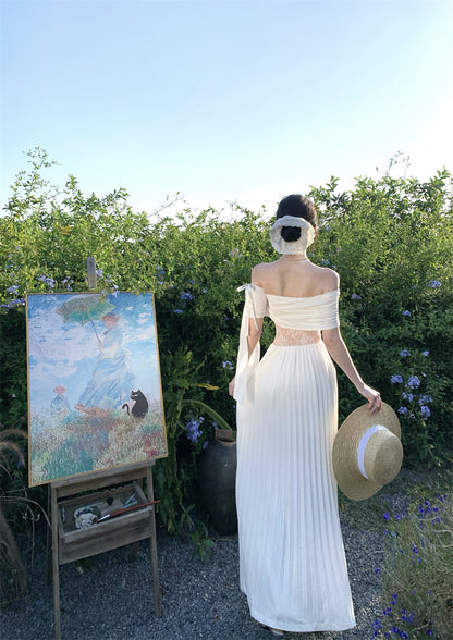 Elegant Off-Shoulder A-Line White Maxi Dresses Fancy Lace Splicing Press Pleated Hem Long Dress AP3371