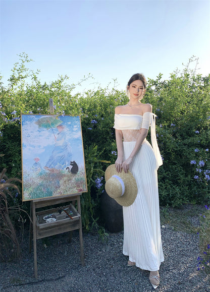 Elegant Off-Shoulder A-Line White Maxi Dresses Fancy Lace Splicing Press Pleated Hem Long Dress AP3371