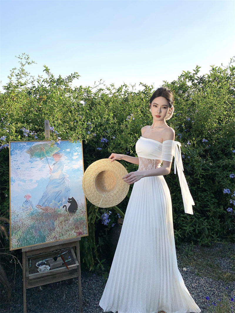 Elegant Off-Shoulder A-Line White Maxi Dresses Fancy Lace Splicing Press Pleated Hem Long Dress AP3371