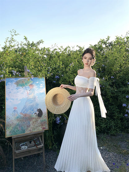 Elegant Off-Shoulder A-Line White Maxi Dresses Fancy Lace Splicing Press Pleated Hem Long Dress AP3371