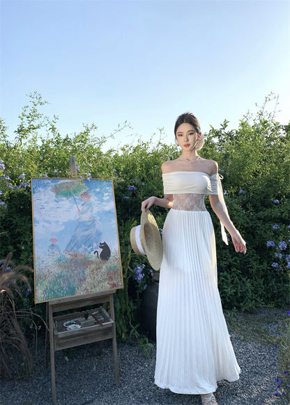 Elegant Off-Shoulder A-Line White Maxi Dresses Fancy Lace Splicing Press Pleated Hem Long Dress AP3371