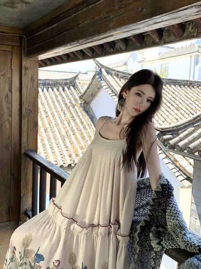 Graceful Spaghetti Strap A-Line Maxi Dress Boho-Inspired Ruffles Floral Print Loose Fit Long Dress AP3372