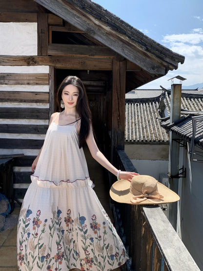 Graceful Spaghetti Strap A-Line Maxi Dress Boho-Inspired Ruffles Floral Print Loose Fit Long Dress AP3372