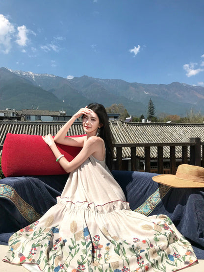 Graceful Spaghetti Strap A-Line Maxi Dress Boho-Inspired Ruffles Floral Print Loose Fit Long Dress AP3372