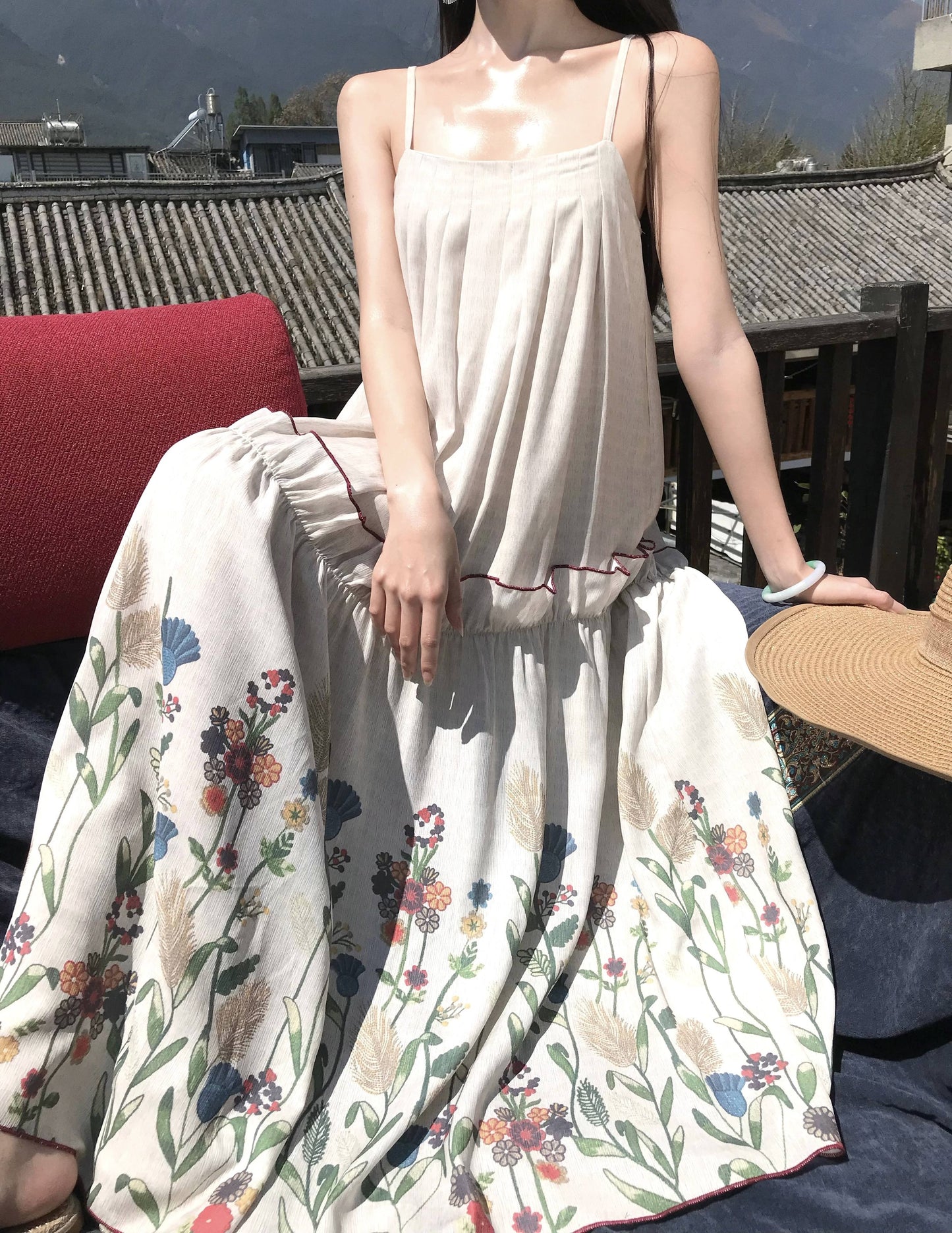 Graceful Spaghetti Strap A-Line Maxi Dress Boho-Inspired Ruffles Floral Print Loose Fit Long Dress AP3372