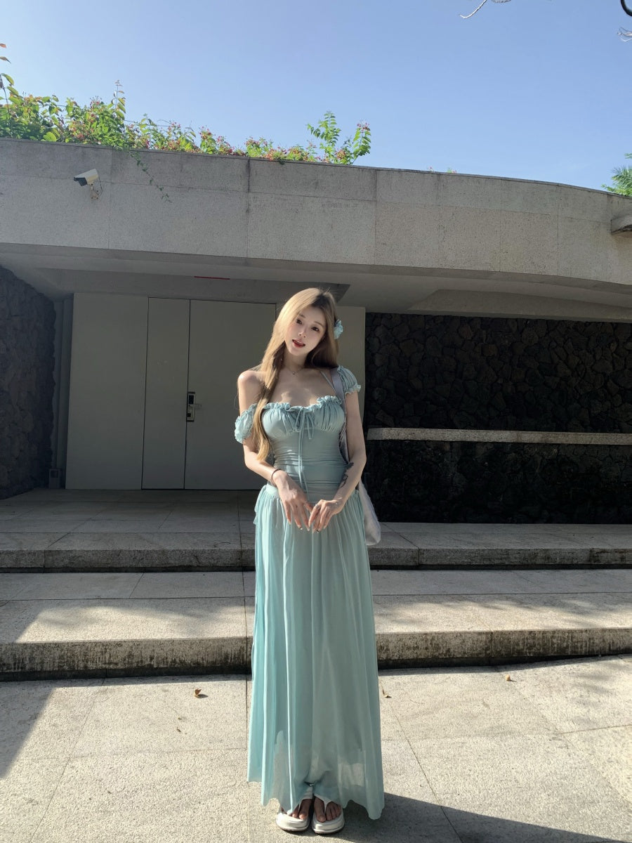 Luxury Square Neck A-Line Maxi Dresses Everyday Wear Ruffles Trimmed Cinched-Waist Long Dress AP3373