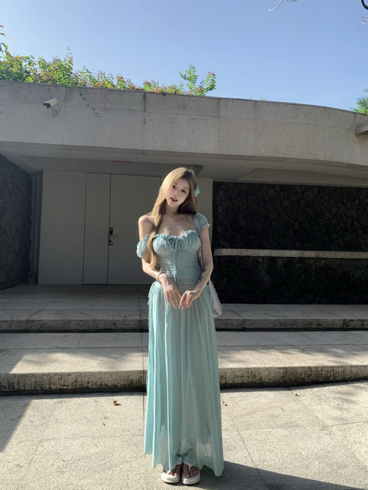 Luxury Square Neck A-Line Maxi Dresses Everyday Wear Ruffles Trimmed Cinched-Waist Long Dress AP3373