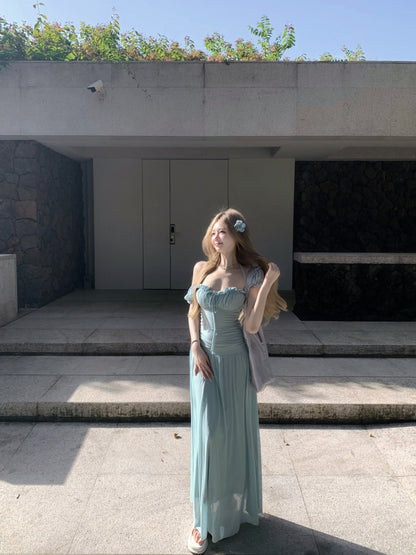 Luxury Square Neck A-Line Maxi Dresses Everyday Wear Ruffles Trimmed Cinched-Waist Long Dress AP3373