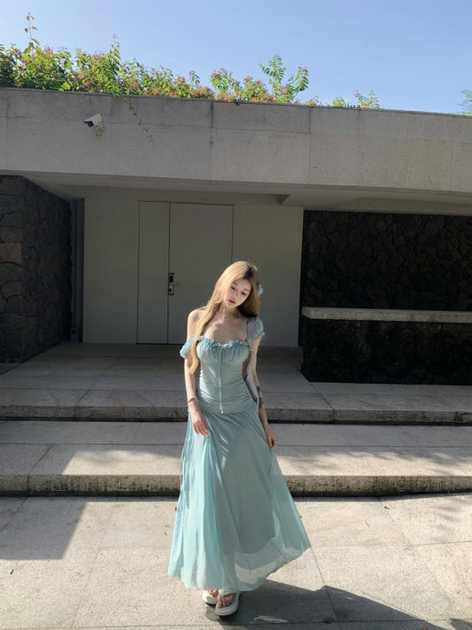 Luxury Square Neck A-Line Maxi Dresses Everyday Wear Ruffles Trimmed Cinched-Waist Long Dress AP3373