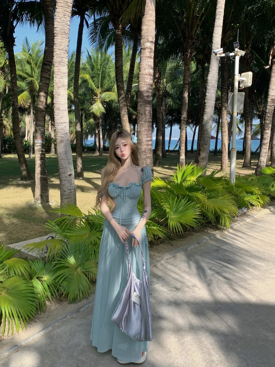 Luxury Square Neck A-Line Maxi Dresses Everyday Wear Ruffles Trimmed Cinched-Waist Long Dress AP3373