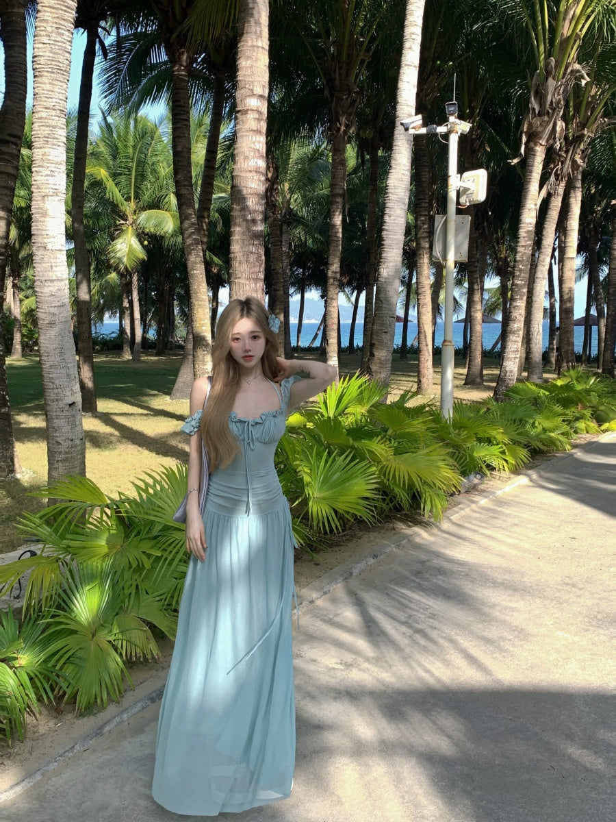 Luxury Square Neck A-Line Maxi Dresses Everyday Wear Ruffles Trimmed Cinched-Waist Long Dress AP3373