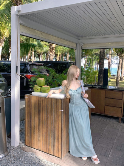 Luxury Square Neck A-Line Maxi Dresses Everyday Wear Ruffles Trimmed Cinched-Waist Long Dress AP3373