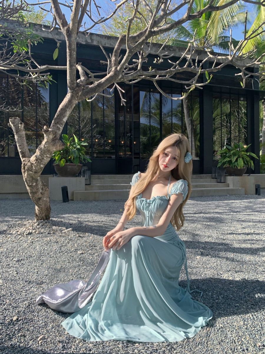 Luxury Square Neck A-Line Maxi Dresses Everyday Wear Ruffles Trimmed Cinched-Waist Long Dress AP3373