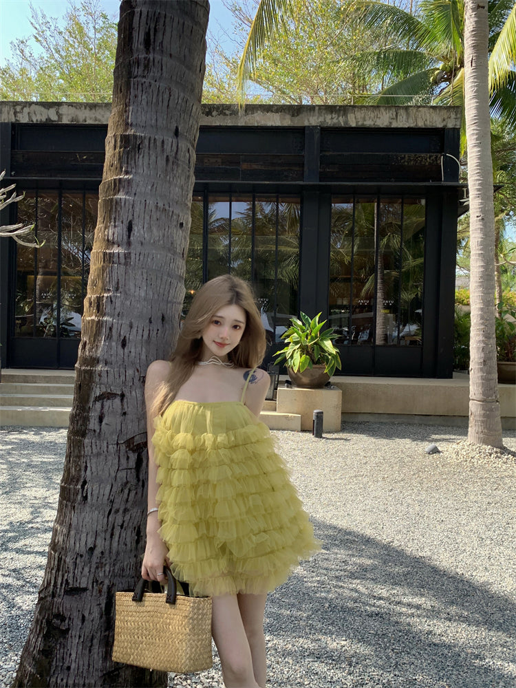 Luxury A-Line Spaghetti Strap Yellow Mini Skirt Vibrant Tiered Tulle Trimmed Loose Fit Short Dress AP3374