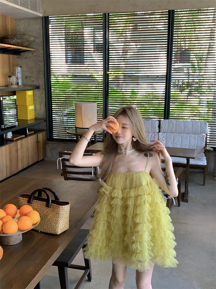 Luxury A-Line Spaghetti Strap Yellow Mini Skirt Vibrant Tiered Tulle Trimmed Loose Fit Short Dress AP3374