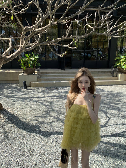 Luxury A-Line Spaghetti Strap Yellow Mini Skirt Vibrant Tiered Tulle Trimmed Loose Fit Short Dress AP3374