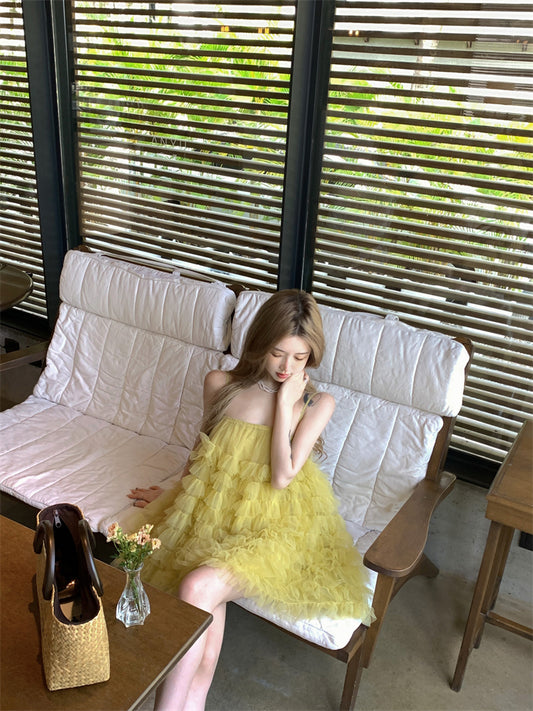 Luxury A-Line Spaghetti Strap Yellow Mini Skirt Vibrant Tiered Tulle Trimmed Loose Fit Short Dress AP3374