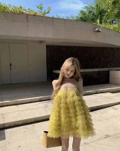 Luxury A-Line Spaghetti Strap Yellow Mini Skirt Vibrant Tiered Tulle Trimmed Loose Fit Short Dress AP3374