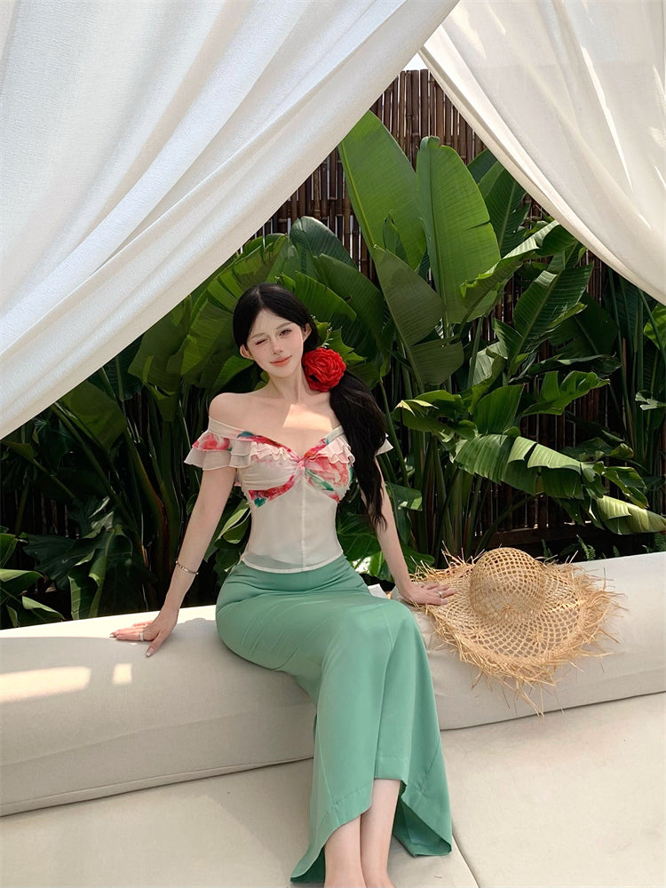 Luxurious Off-Shoulder Sheath 2-Piece Set Maxi Dresses Vibrant Floral Print Ruffles Trimmed Long Dress AP3375